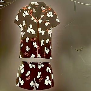 BOO GHOST 2pc Pajama Set * size 1X * White & Orange on Black SHORTS Short Sleeve